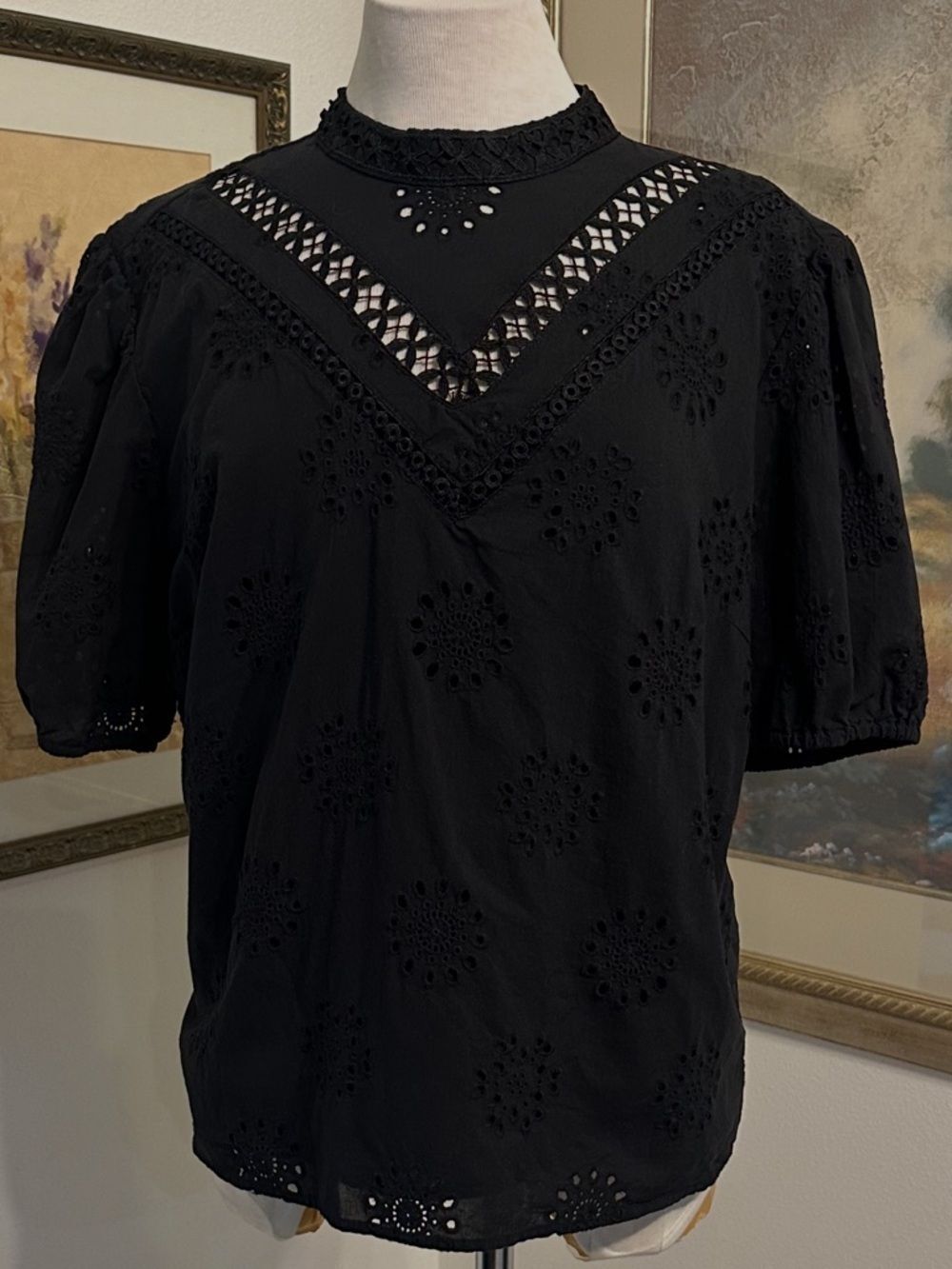 Ultra Pink Black Eyelet Lace Yoke Women's Top Size XL